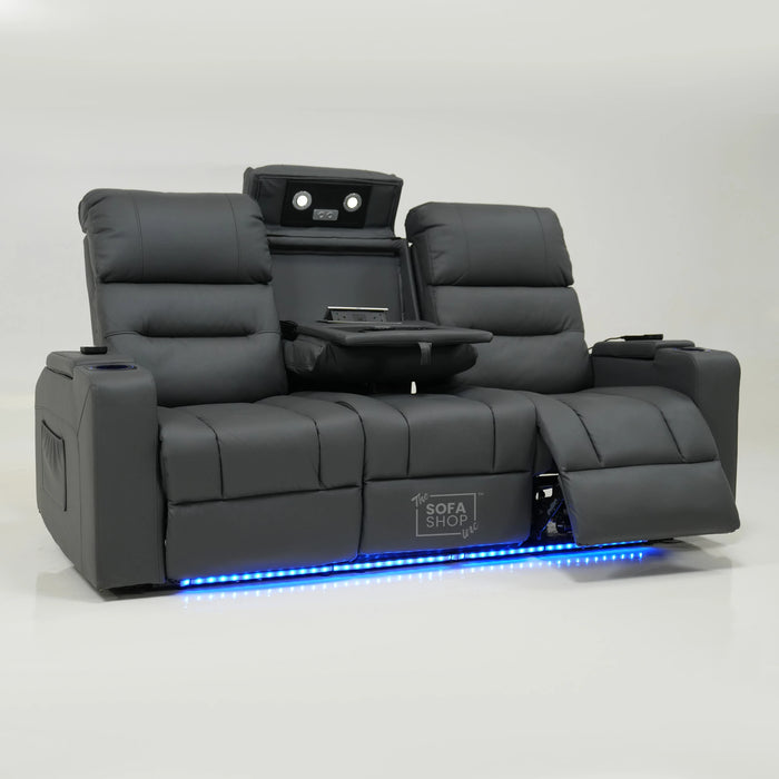 3 Seater Smart Grey Leather Sofa | High-Tech Recline Sofa With Drop-Down Table, USB Port, Vibration Massage | No Ears And Scuff On Corner | Siena | Second Hand Sofa SS02