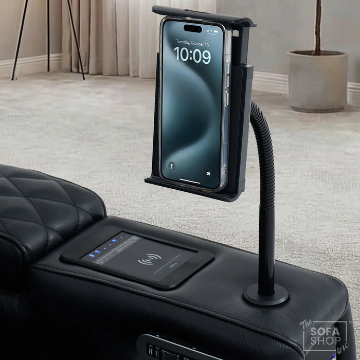 2 Seater Cinema Sofa in Black Real Leather | Electric Recliner Sofa With  Power Lumbar Support, Power Grommet, Wireless Charging, Heating & Cooling Cupholders | Assisi  | The Sofa Shop