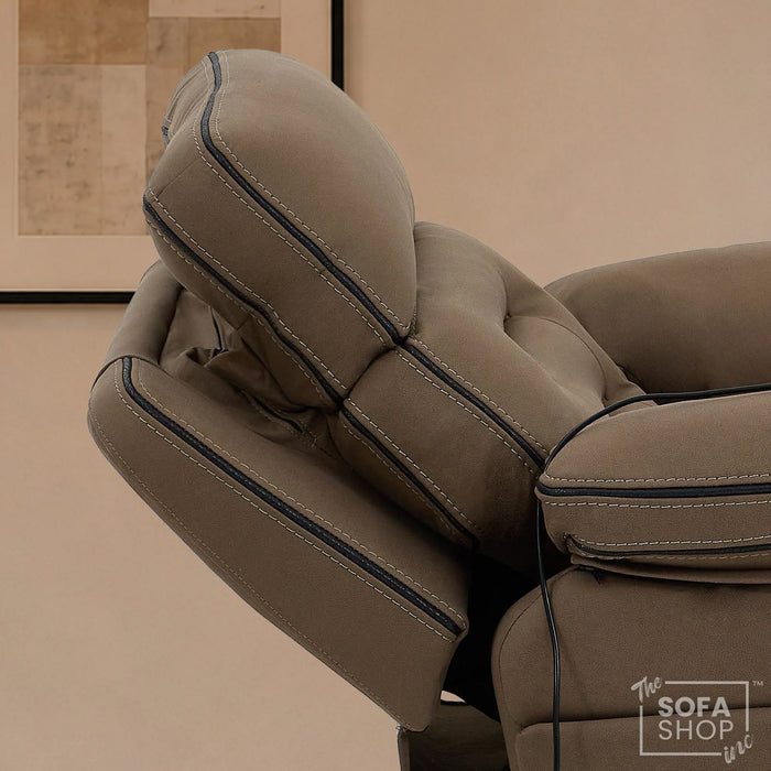 Electric Riser Chair In Mocha Brown Fabric | Hi-Tech Recliner Armchair With Vibration Massage + Heated Lumbar + Cooling Cup Holder + Power Headrest | Tuscany | The Sofa Shop