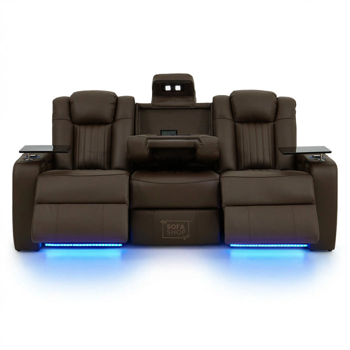 Dark Brown Real Leather 3 Seater Cinema Sofa | Electric Recliner Couch with Massage, Heat, Fold-Down Table & Wireless Charger | Capri | The Sofa Shop