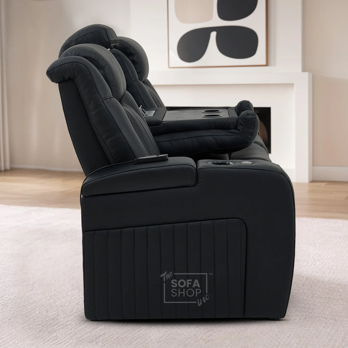 3+2 Modern Reclining Sofa Suite in Black Real Leather | Hi-Tech Sofa with Massage, Heated Lumbar, Wireless Charging, LED Lights & Removable Tables | Capri