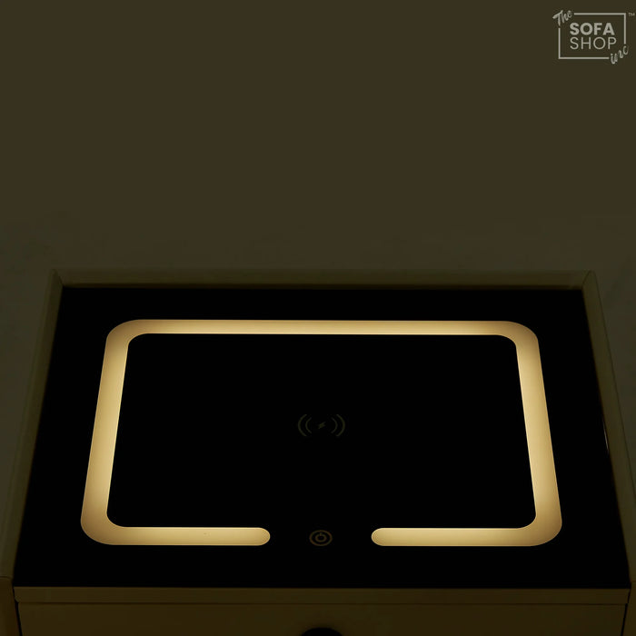 California Smart Bedside Table – Off-White Faux Leather 3-Drawer Nightstand with Fingerprint Lock, LED & Wireless Charger | The Sofa Shop