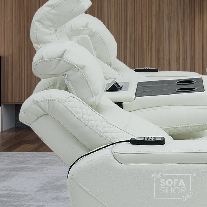 3 Seater Real Leather Electric Recliner Cinema Sofa in White | Massage, Heat, Bluetooth, Fold-Down Table & Cooling Cup Holders | Napoli | The Sofa Shop
