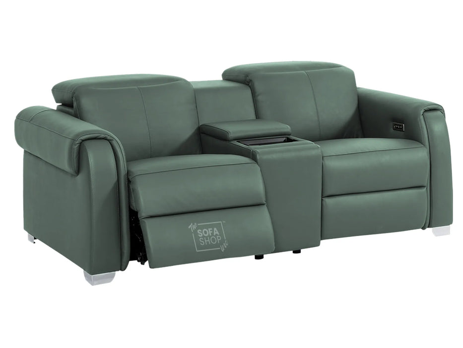 2 Seater Real Leather Electric Recliner Sofa | Cinema Sofa | Hi-Tech Sofa in Green with Massage, Middle Console, Wireless Charging, Adjustable Headrests & USB | Turin | The Sofa Shop