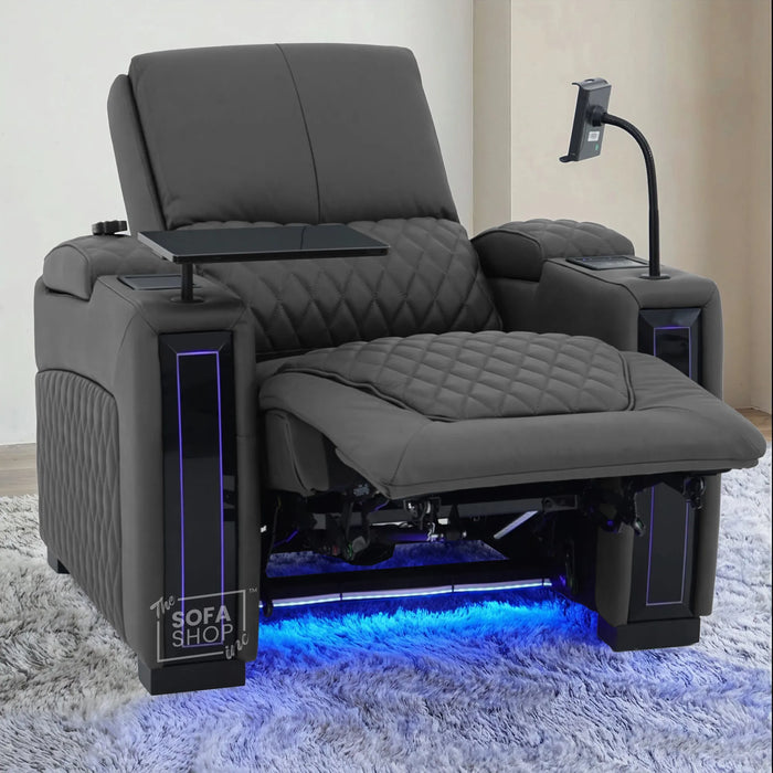 1 Seater Grey Real Leather Electric Recliner Cinema Chair | Recliner Armchair With Vibration Massage, Heated Lumbar And Cooling Cup Holder & Wireless Charging | Assisi | The Sofa Shop