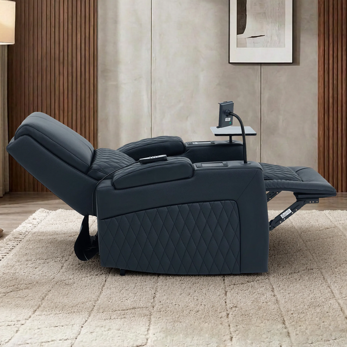 1 Seater Electric Dual Lift Riser Cinema Chair | Power Recline, Heated Lumbar + Massage & Cooling & Heating Cup Holders | Black Real Leather Riser Armchair with Tray Tables | Assisi | The Sofa Shop