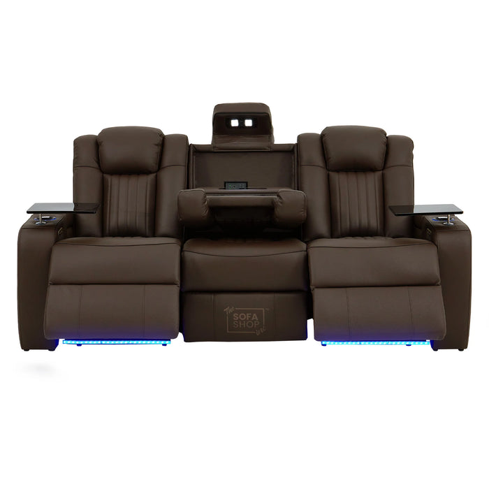 Dark Brown Real Leather 3 Seater Cinema Sofa | Electric Recliner Couch with Massage, Heat, Fold-Down Table & Wireless Charger | Capri | The Sofa Shop