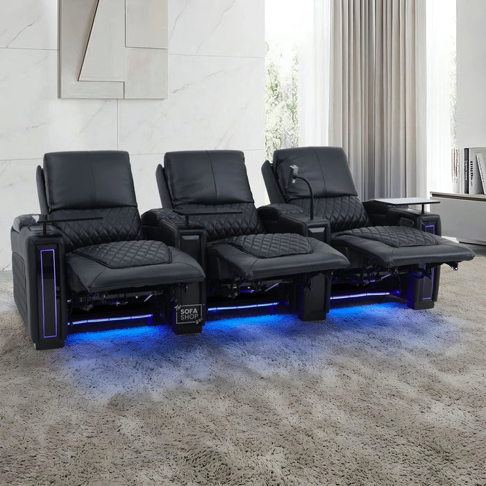 3 Seater Black Real Leather Electric Recliner Cinema Sofa | Leather Settee With Power Lumbar, Power Headrests + Wireless Charging, Heating & Cooling Cupholders, Power Grommets  | Assisi | The Sofa Shop