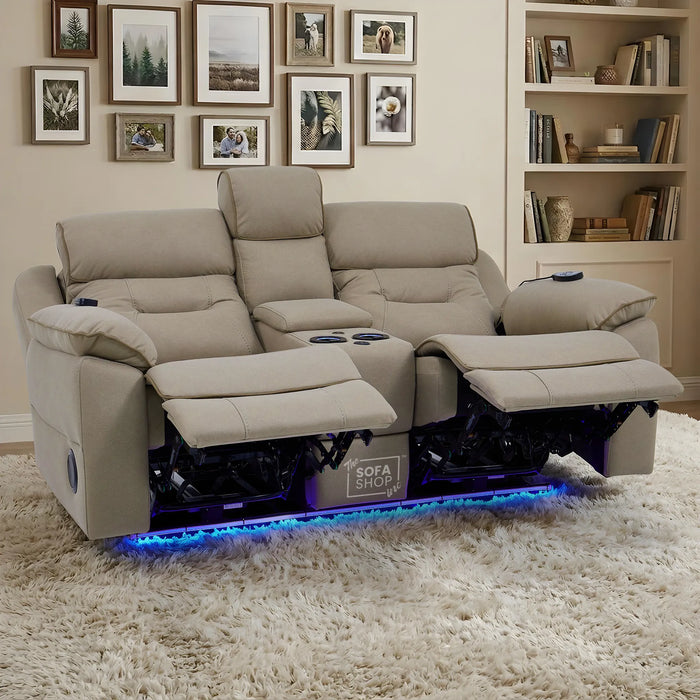 2 Seater Beige Fabric Electric Recliner Cinema Sofa | Hi-tech Recliner Couch With Massage Vibration, Heated Lumbar, Cooling & Heating Cupholders, Bluetooth & Multi-Link | Florence | The Sofa Shop