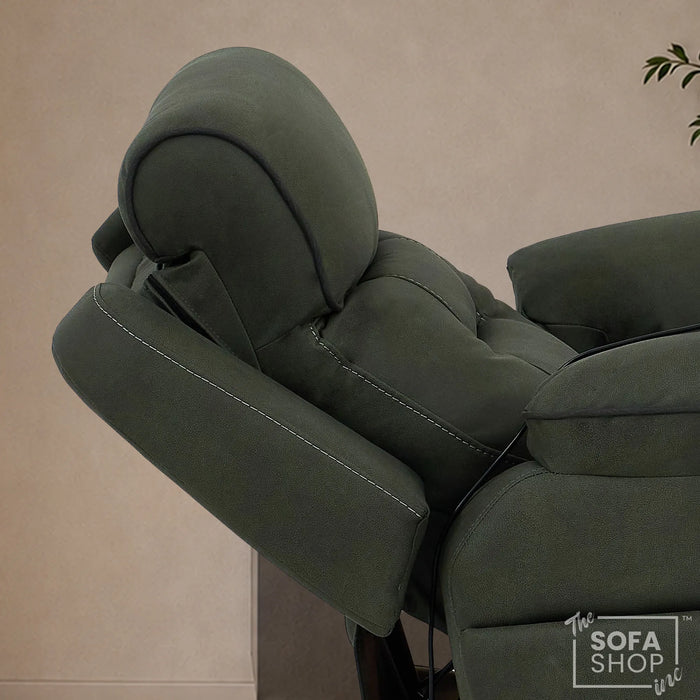 1 Seater Electric Dual Lift Riser Chair In Green Fabric | Hi-Tech Recliner Riser With Massage + Heating Comfort + Power Headrest + LED Light + USB-C | Florence | The Sofa Shop