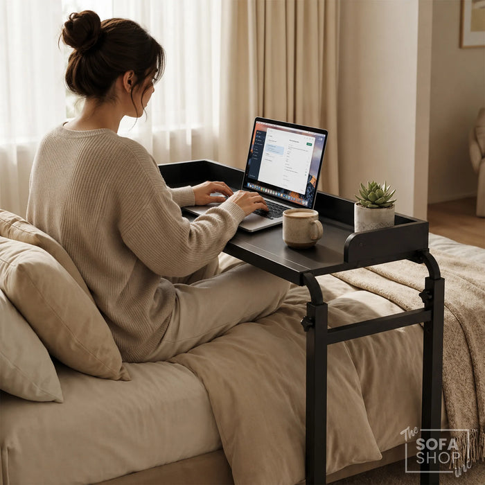 Houston Adjustable Over Bed Table on Wheels | Overbed Rolling Table with 115 x 45cm Top + Safety Ledge + Lockable Castors | Mobility Bed & Sofa Table | The Sofa Shop