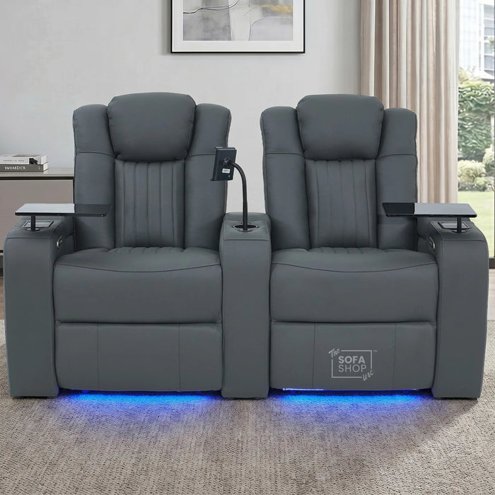 2 Seater Cinema Sofa in Grey Real Leather | Hi-Tech Console Couch with Massage & Heated Lumbar, Wireless Charging, Heat & Cool Cupholders, Bluetooth Speakers & Multi-Link | Capri | The Sofa Shop