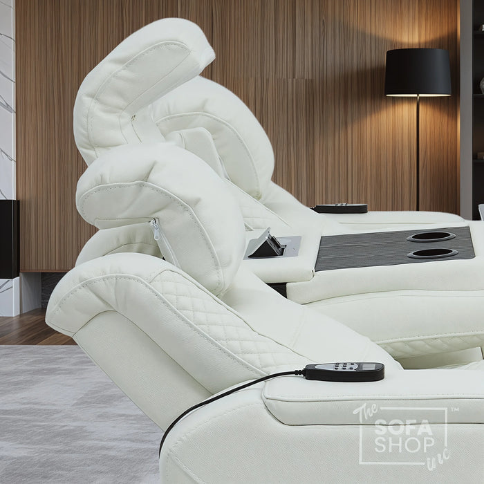 3 Seater Real Leather Electric Recliner Cinema Sofa in White | Massage, Heat, Bluetooth, Fold-Down Table & Cooling Cup Holders | Napoli | The Sofa Shop