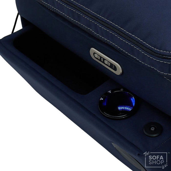 3+1 Electric Recliner Cinema Sofa Set in Blue Fabric | Hi-Tech Sofa Suite with Massage, Heat, Bluetooth Speakers, Fold-Down Table & Wireless Charging | Tuscany | The Sofa Shop