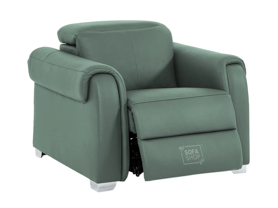 Real Leather Electric Recliner Chair In Green | Hi-Tech Chair with Massage, Power Headrest + USB Charging Ports | Turin