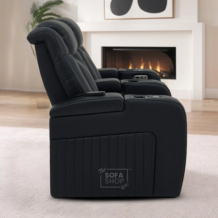 3+2 Modern Reclining Sofa Suite in Black Real Leather | Hi-Tech Sofa with Massage, Heated Lumbar, Wireless Charging, LED Lights & Removable Tables | Capri