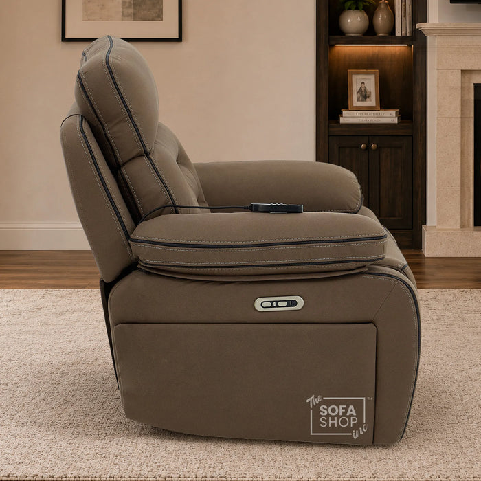 Electric Riser Chair In Mocha Brown Fabric | Hi-Tech Recliner Armchair With Vibration Massage + Heated Lumbar + Cooling Cup Holder + Power Headrest | Tuscany | The Sofa Shop
