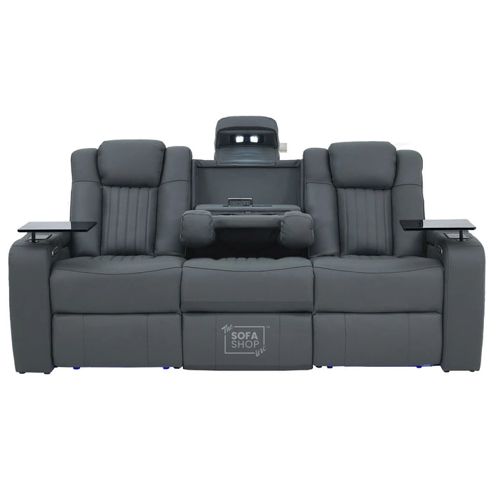 3 Seater Cinema Sofa in Grey Real Leather | Hi-Tech Cinema Sofa with Vibration Massage, Heated Lumbar, Bluetooth Speakers, Heating & Cooling Cupholders | Capri | The Sofa Shop