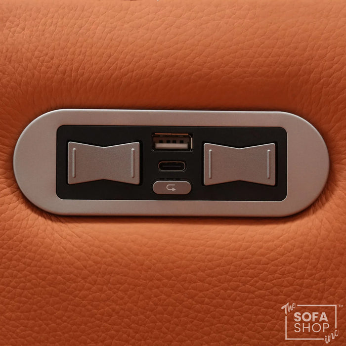 Assisi Corner Cinema Sofa in Orange Real Leather | Hi-Tech Couch with Power Recline + Power Headrests + Wireless Charging + Massage + Heating & Cooling Cupholders | Assisi | The Sofa Shop