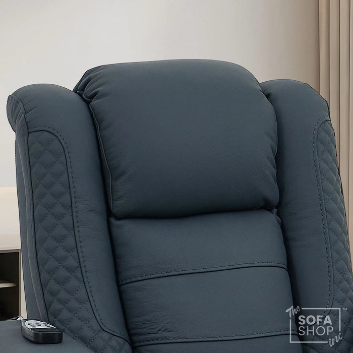 1 Seater Cinema Chair in Blue Genuine Leather | Hi-Tech Cinema Armchair with Power Recline + Power Headrest + Vibration Massage + Heated Lumbar+ Power Grommet | Napoli | The Sofa Shop