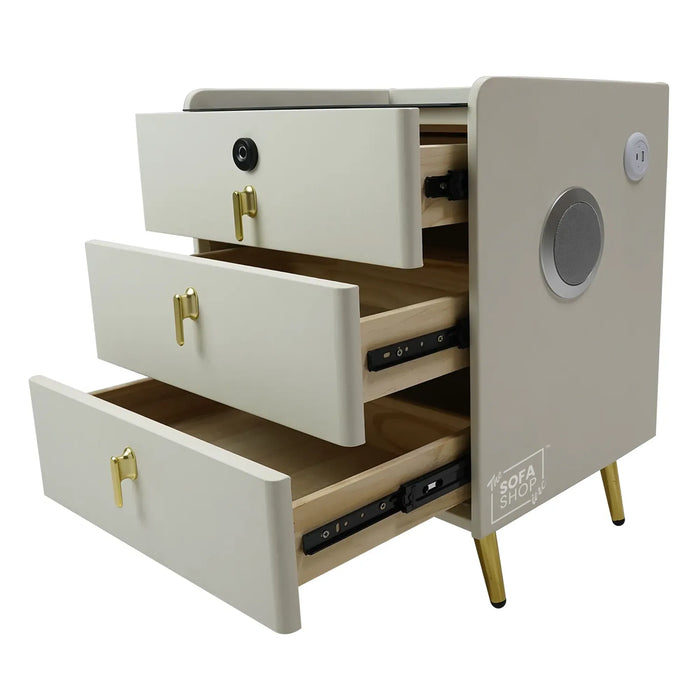 California Smart Bedside Table – Off-White Faux Leather 3-Drawer Nightstand with Fingerprint Lock, LED & Wireless Charger | The Sofa Shop