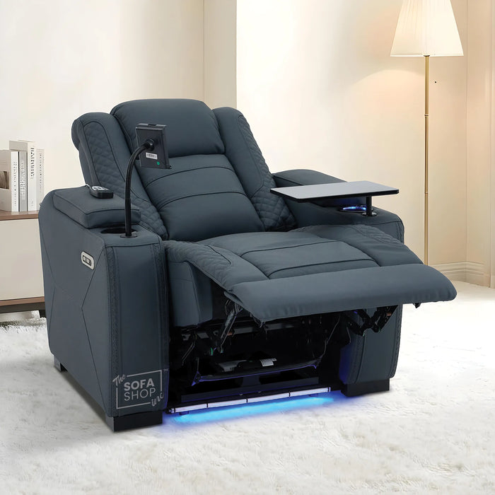 1 Seater Cinema Chair in Blue Genuine Leather | Hi-Tech Cinema Armchair with Power Recline + Power Headrest + Vibration Massage + Heated Lumbar+ Power Grommet | Napoli | The Sofa Shop