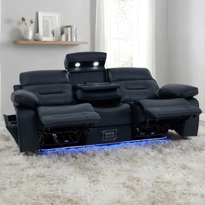 3 Seater Cinema Sofa in Black Genuine Leather | Hi-Tech Couch with Power Recline + Power Headrests + Wireless Charging + Sockets + Speakers | Sicily | The Sofa Shop