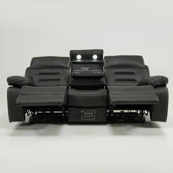 3 Seater Cinema Sofa in Black Velvet Fabric | Hi-Tech Cinema Sofa with Power Recline + Power Headrests + Wireless Charging + Speakers + Fold Down Table| Sample | Tuscany | The Sofa Shop