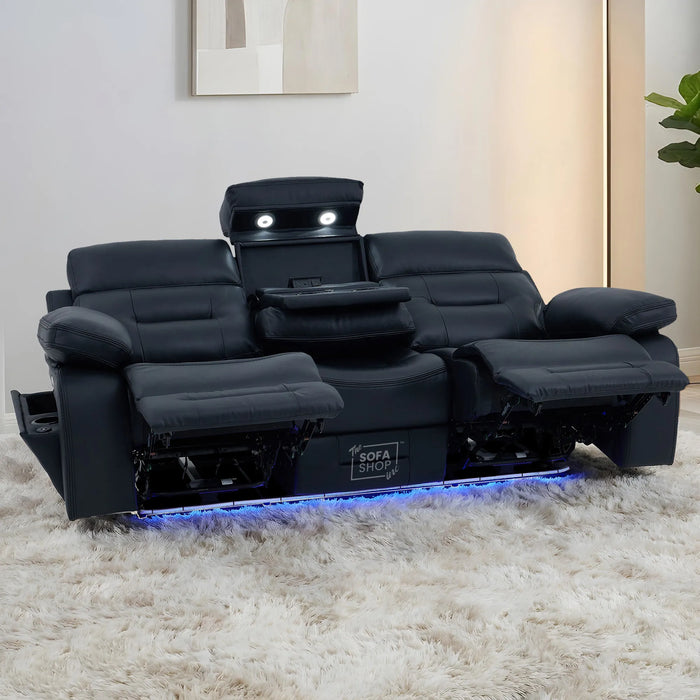 3 Seater Cinema Sofa in Black Genuine Leather | Hi-Tech Couch with Power Recline + Power Headrests + Wireless Charging + Speakers | Sicily | The Sofa Shop