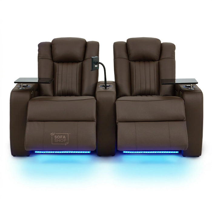 2 Seater Real Leather Electric Recliner Cinema Sofa in Dark Brown | Massage, Heated Lumbar, Power Headrests, Food Trays & Power Grommet | Capri | The Sofa Shop