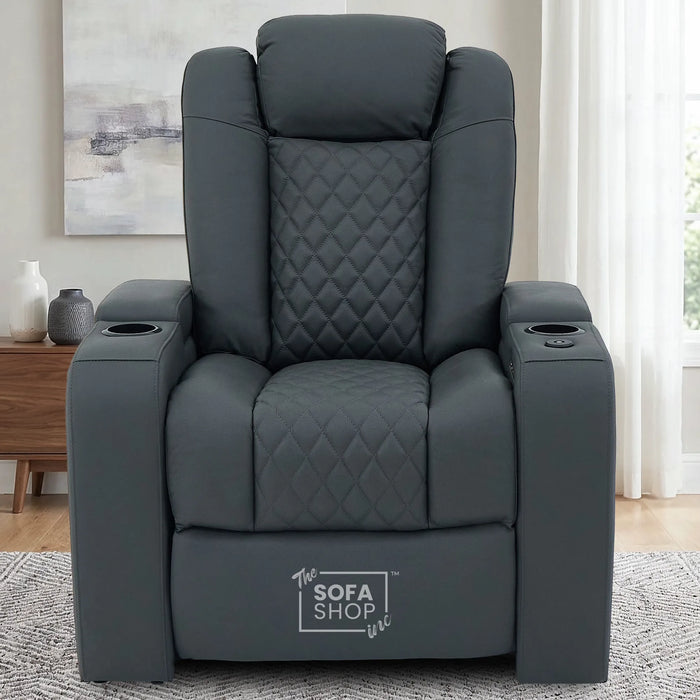 1 Seater Real Leather Electric Recliner Cinema Chair in Grey | Massage, Power Lumbar, Power Headrest, Power Grommet | Milano | The Sofa Shop