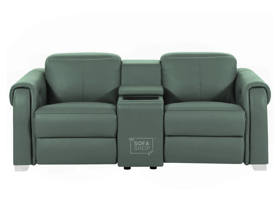 2 Seater Real Leather Electric Recliner Sofa | Cinema Sofa | Hi-Tech Sofa in Green with Massage, Middle Console, Wireless Charging, Adjustable Headrests & USB | Turin | The Sofa Shop