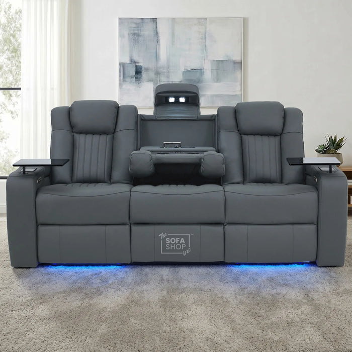 3 Seater Cinema Sofa in Grey Real Leather | Hi-Tech Cinema Sofa with Vibration Massage, Heated Lumbar, Bluetooth Speakers, Heating & Cooling Cupholders | Capri | The Sofa Shop
