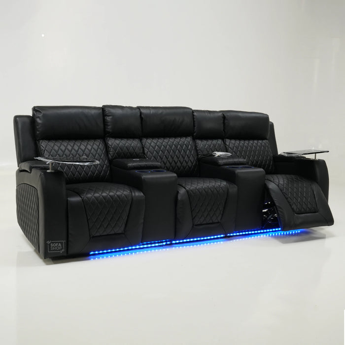 3 Seater Black Leather Electric Smart Recliner With Massage & Tray Tables | Venice | SS33