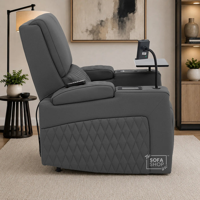 1 Seater Electric Recliner Riser Chair | Power Recline, Heated Lumbar & Massage, Cooling & Heating Cup Holders | Grey Real Leather Riser Armchair with Tray Tables | Assisi | The Sofa Shop