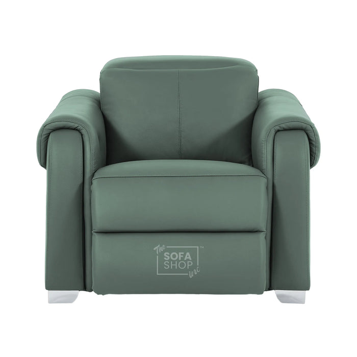 Real Leather Electric Recliner Chair In Green | Hi-Tech Chair with Massage, Power Headrest + USB Charging Ports | Turin