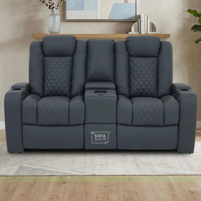 Grey Real Leather 2 Seater Electric Recliner Cinema Sofa | Power Lumbar, Speakers, Console, Wireless Charging & Cooling Cup Holders | Milano | The Sofa Shop