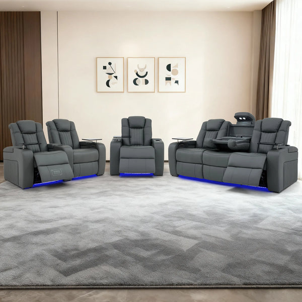 Real Leather 3+2+1 Piece Electric Home Cinema Theatre Sofa Set | Couch Suite Package in Grey + Massage + Heating + Power Recliners + Wireless Charging | Capri