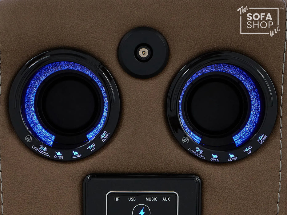 2 Seater Electric Recliner Cinema Sofa in Brown Fabric | Hi-Tech Sofa with 8-Point Massage, USB, Speakers, Power Headrest, Storage & Chilled Cup Holders | Tuscany | The Sofa Shop