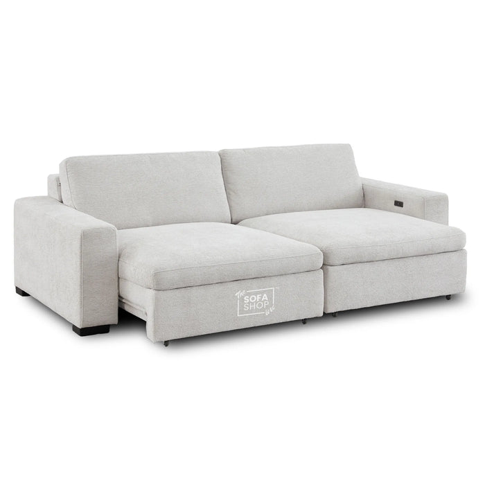 Palma 3 Seater Fabric Extendable Electric Sofa Bed | Power Sliding Couch with USB + USB-C Charging – Light Grey Chenille | Home Theatre Seating & Comfort Headrests | The Sofa Shop