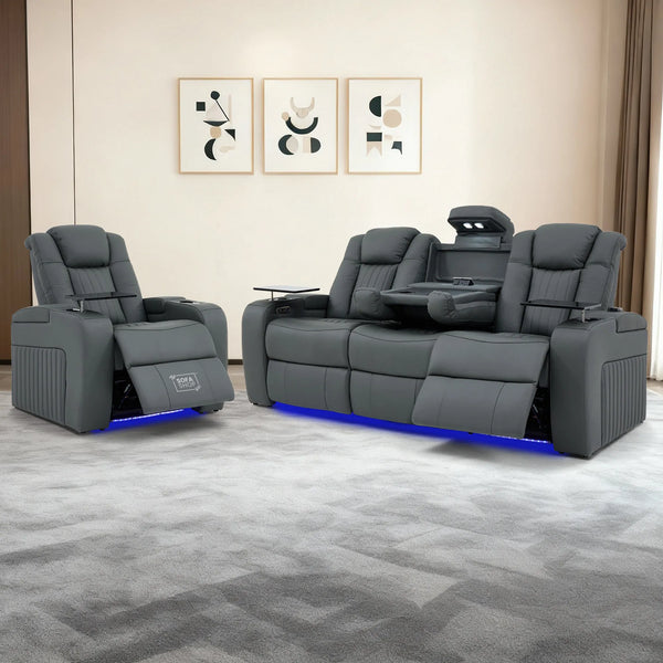 Real Leather 3+1 Electric Recliner Sofa Set and Cinema Seats | 2-Piece Sofa Package in Grey with Massage, Heating, Power Recliners, Wireless Charging & USB-C | Capri