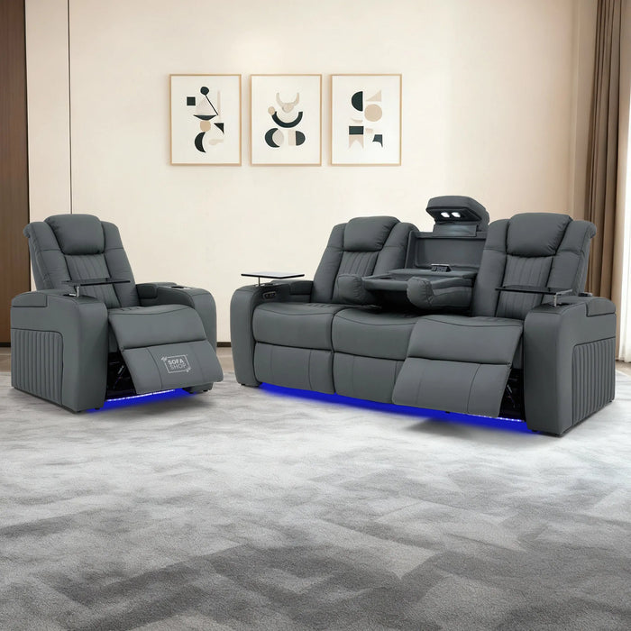 Real Leather 3+1 Electric Recliner Sofa Set and Cinema Seats | 2-Piece Sofa Package in Grey with Massage, Heating, Power Recliners, Wireless Charging & USB-C | Capri
