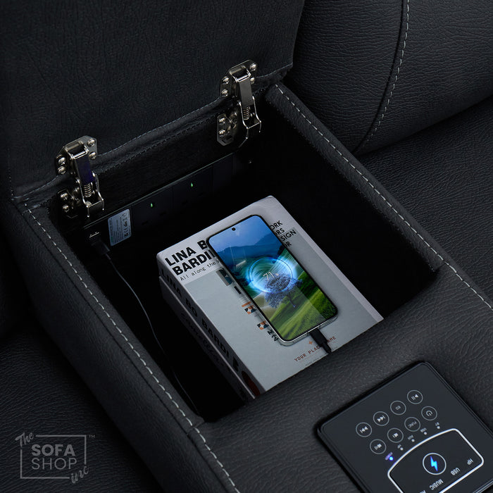 2 Seat Electric Recliner Home Cinema Sofa | Fabric Couch In Charcoal Grey | Hi-Tech Sofa with Massage + Chilled Cupholders + Console + USB | Florence