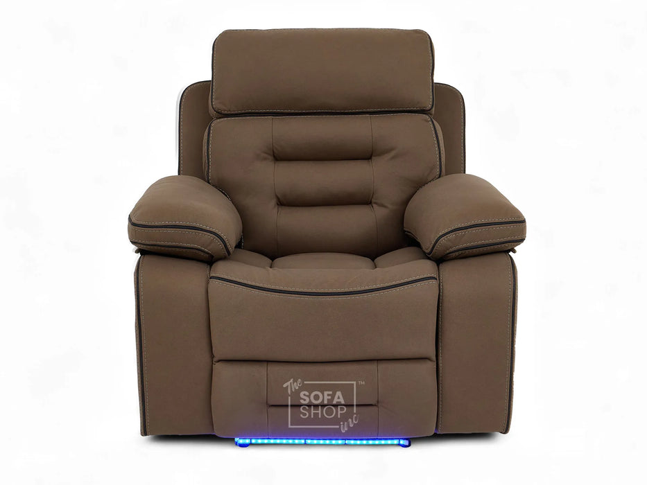 Electric Recliner Armchair | Brown Fabric Home Cinema Chair with Massage, Power Recline, LED Lights, USB Port & Adjustable Headrest | Tuscany | The Sofa Shop