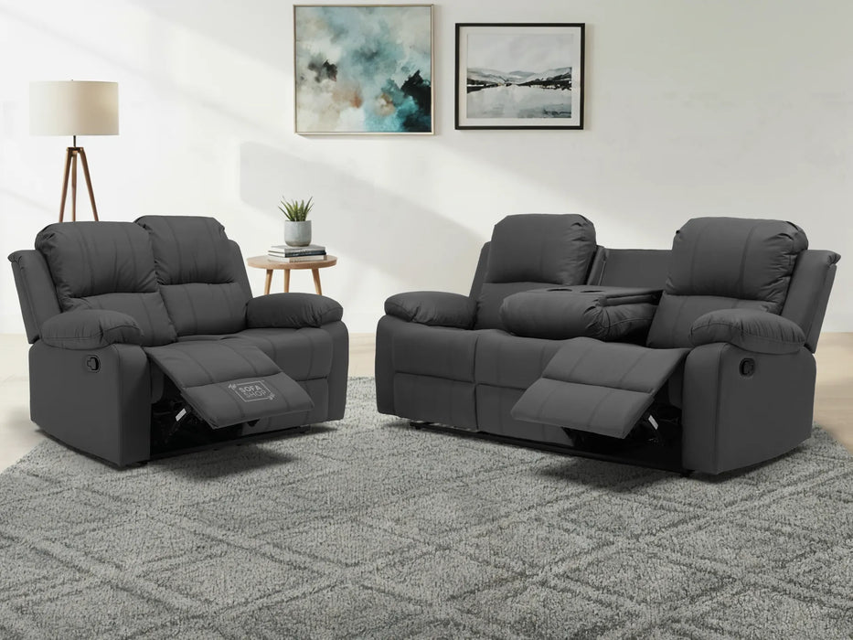 3+2 Recliner Sofa Set in Grey Leather | 2 Piece Sofa Set with Drop-Down Table & Cup Holders | Trento
