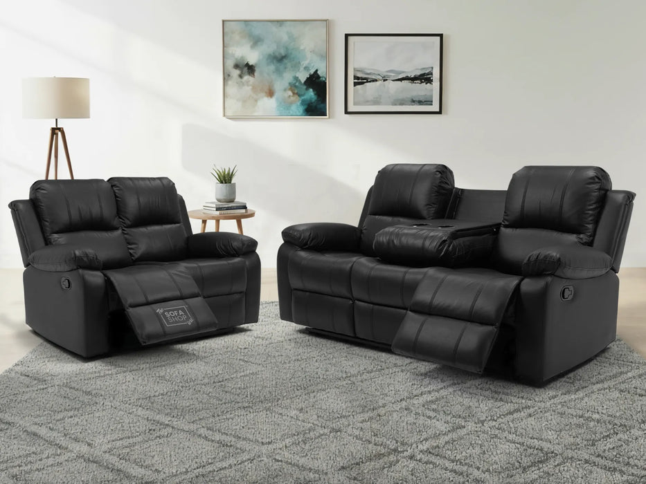 3 2 Recliner Sofa Set in Black Leather | 2 Piece Recliner Sofa Package Suite with Drop-Down Table & Drink Holders | Practical Seating for Family Living | Trento