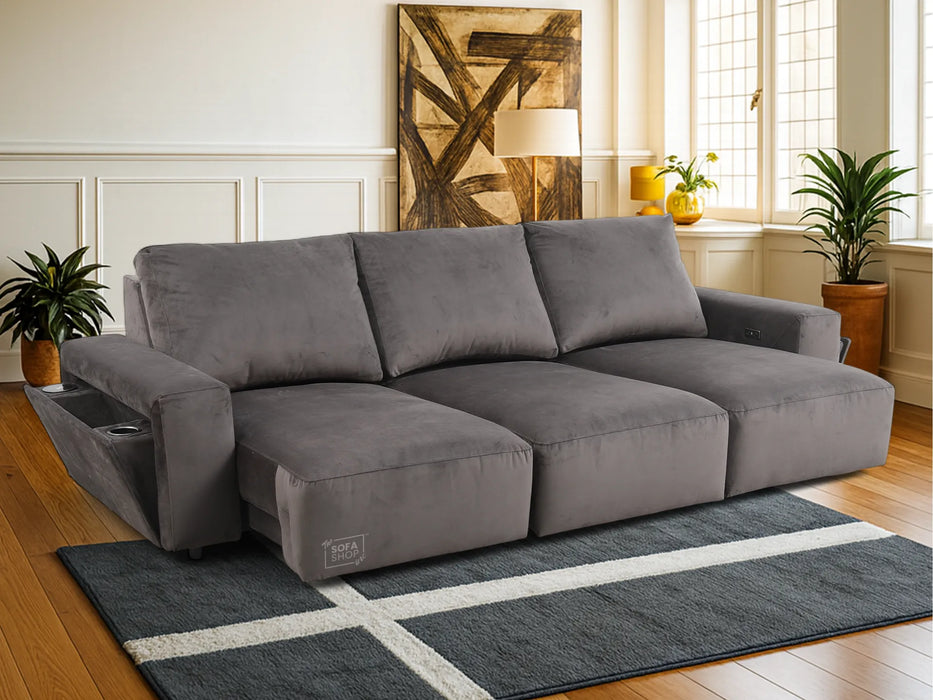 Extendable Electric Sofa - Bed in Grey Velvet Fabric | 3 Independant Power Motion Seats Perfect for Cinema Room & Home Theatre | 3 Seater with Cupholder + USBc & Wireless Charging | Almeria
