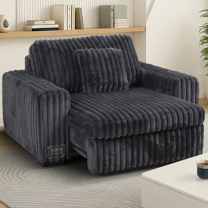 Extendable Electric Sofa Bed Chair in Grey Corduroy Fabric | 1 Seater Smart Cinema Couch with Power Sliding Motion | USBc Charging Ports | Palma