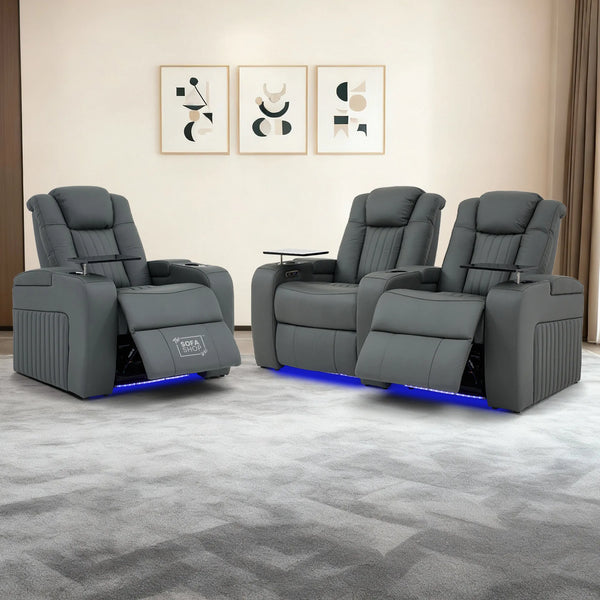 Real Leather 2+1 Electric Recliner Cinema Sofa Set in Grey | 2 Piece Sofa Set with Massage, Heating, USB-C Ports, Cup Holders & Storage Boxes | Capri | The Sofa Shop