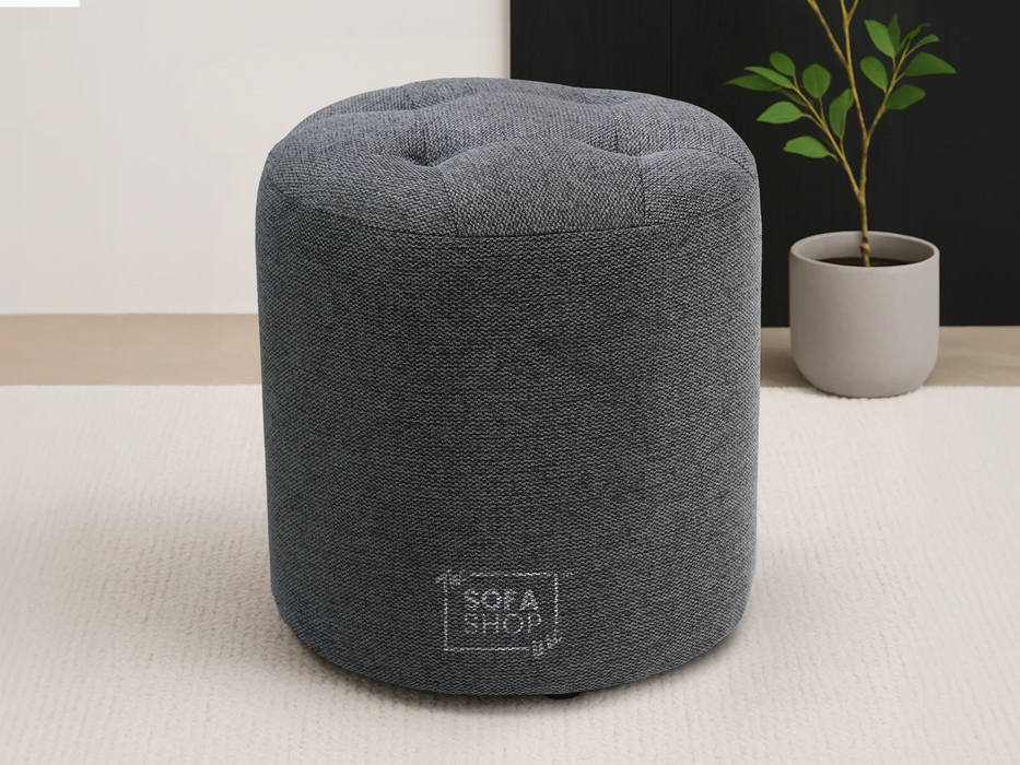 Big Round Footstool in Grey Tweed Fabric - Tropea